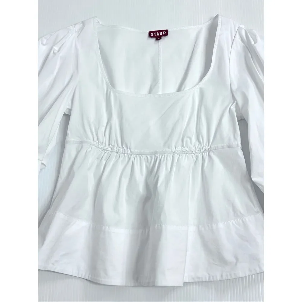 STAUD Sophie Blouse M White Square Neck Babydoll Peplum Puff Sleeve Top